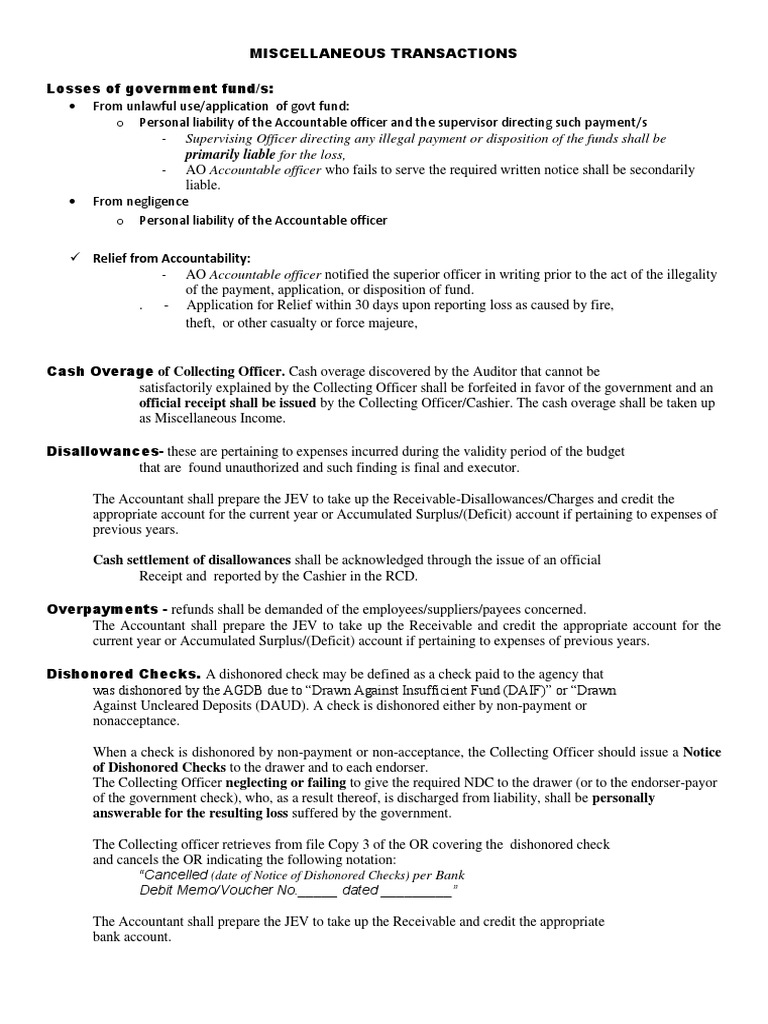 Overview of Miscellaneous Transactions | PDF | Cheque | Debits And Credits
