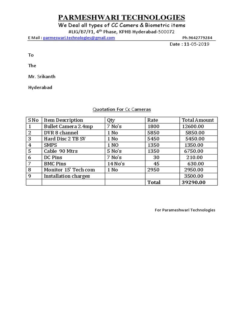 Quotation for CCTV camera and biometric security system for Srikanth in
