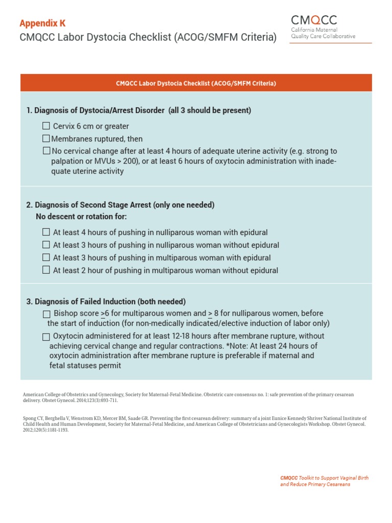 CMQCC Labor Dystocia Checklist (ACOG/SMFM Criteria) | PDF
