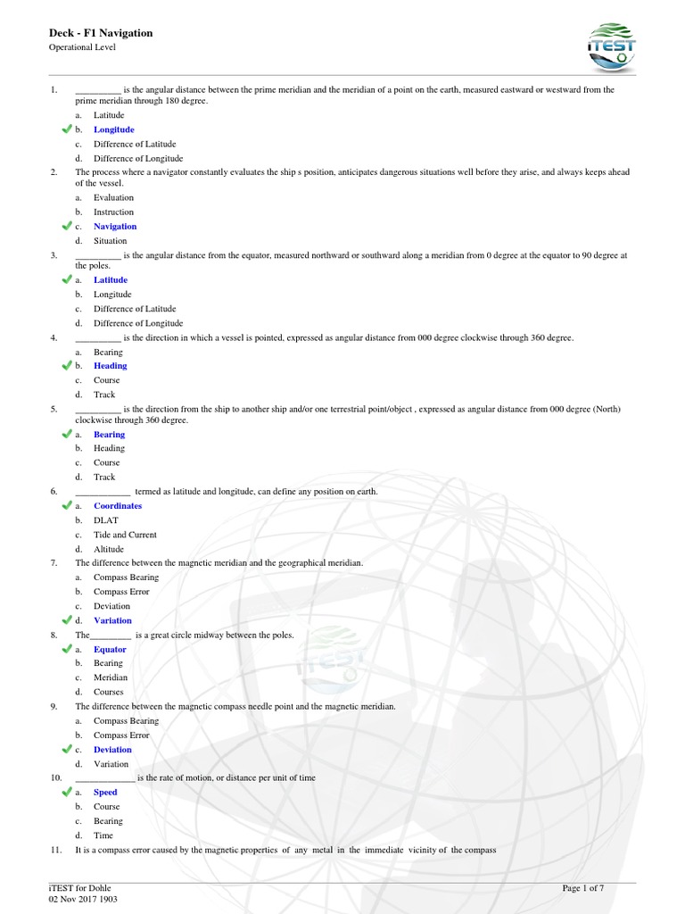 iTEST Maritime Navigation Questions | PDF | Longitude | Compass