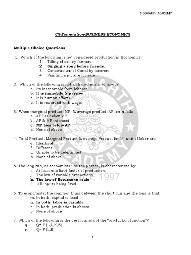 3.bus Economics CS Foundation MCQs PDF Average Cost Marginal Cost
