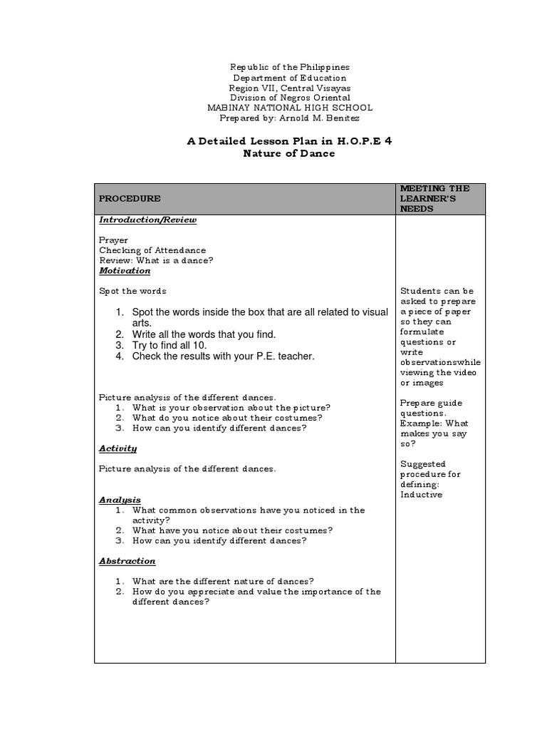 A Detailed Lesson Plan in H.O.P.E 4 Nature of Dance Procedure Meeting