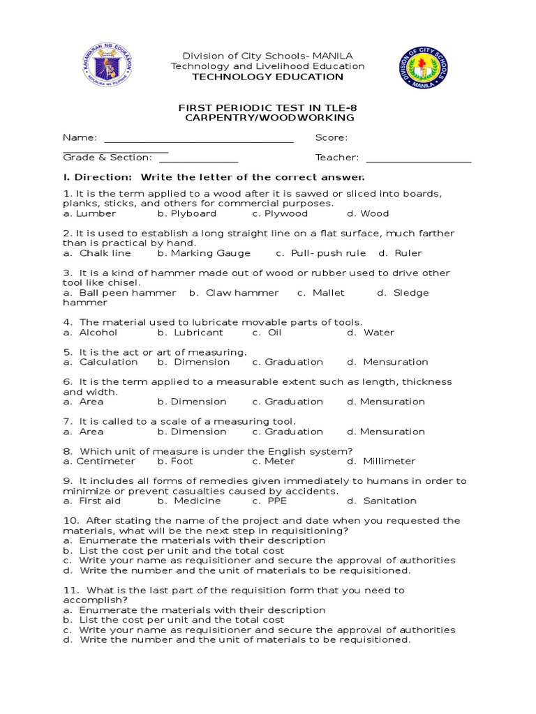 Carpentry Test for TLE-8 Students | PDF | Hammer | Lumber