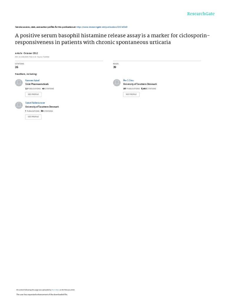 A Positive Serum Basophil Histamine Release Assay PDF Immune System Medical Specialties