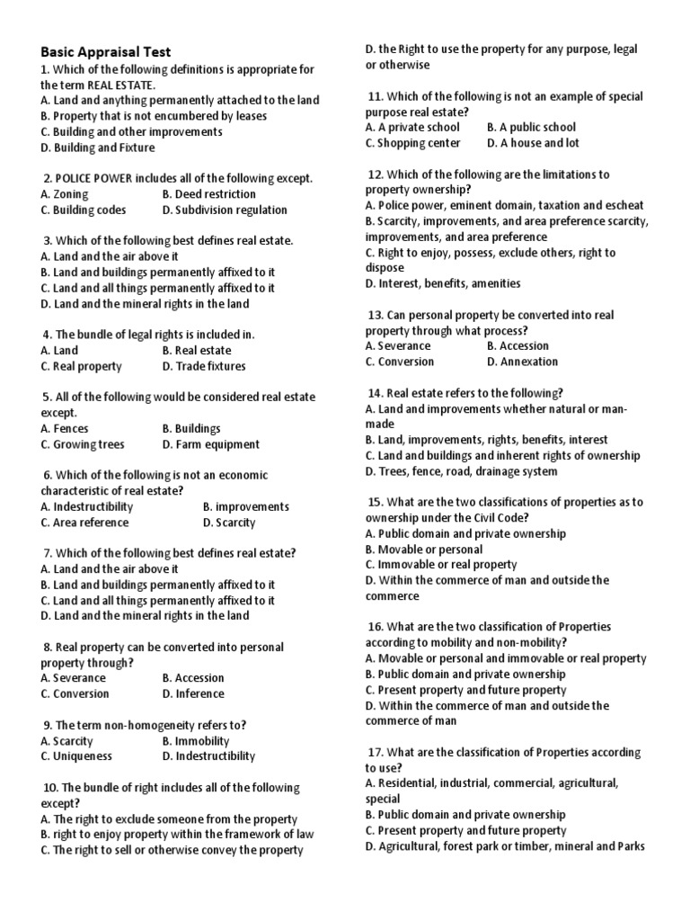 Basic Appraisal Test PDF Real Estate Appraisal Real Property