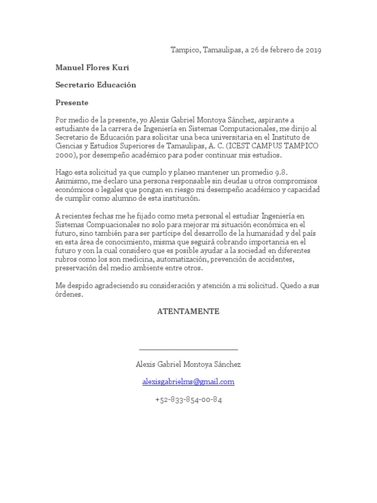 Ejemplo Carta Para Solicitud de Beca Universitaria