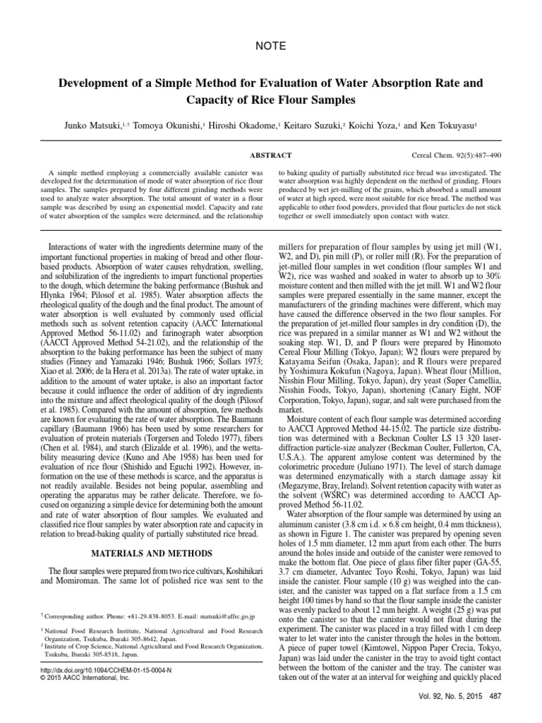 Rice Water Absorption, Development of A Simple Method For Evaluation of ...