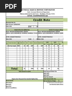 Credit Note Template Excel