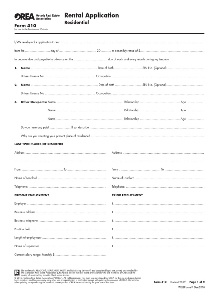 Rental Application: Residential Form 410 | PDF | Landlord | Real Estate ...