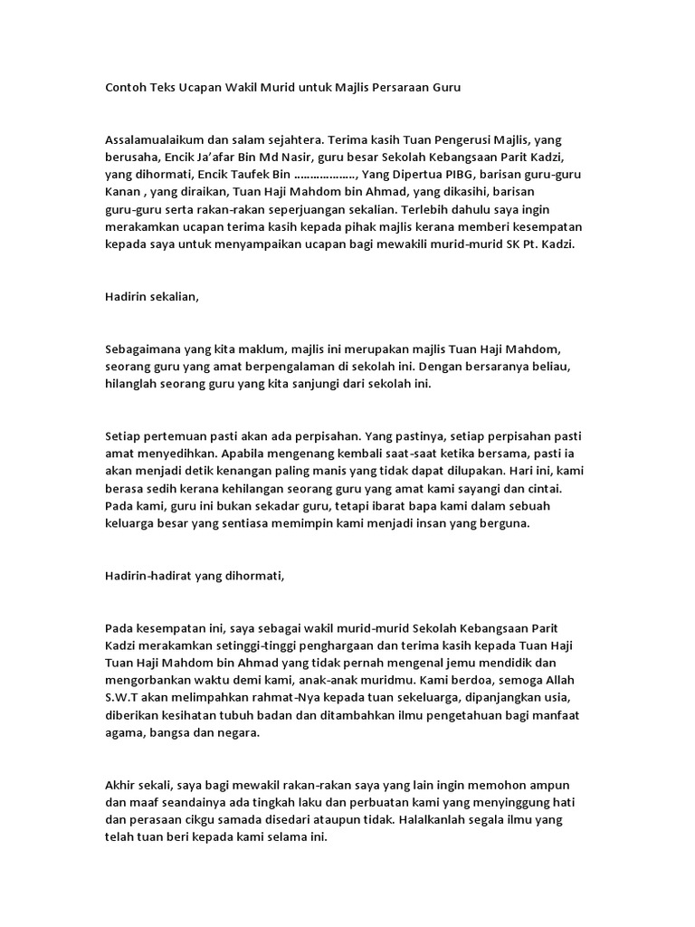 Contoh Teks Ucapan Wakil Murid Untuk Majlis Persaraan