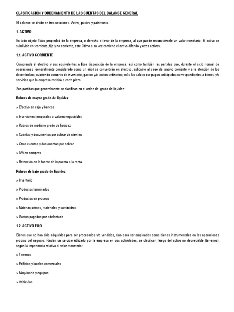Clasificación y Ordenamiento de Las Cuentas Del Balance General | PDF ...