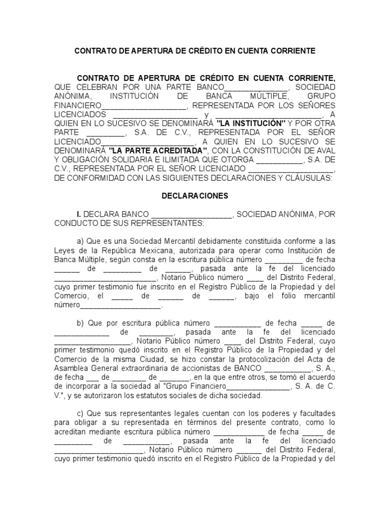 Contrato De Apertura De Crédito En Cuenta Corriente