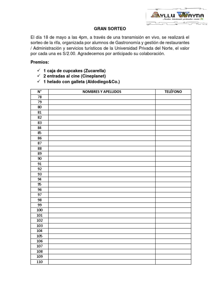Hoja Sorteo 100 Numeros Formato de Rifa | PDF