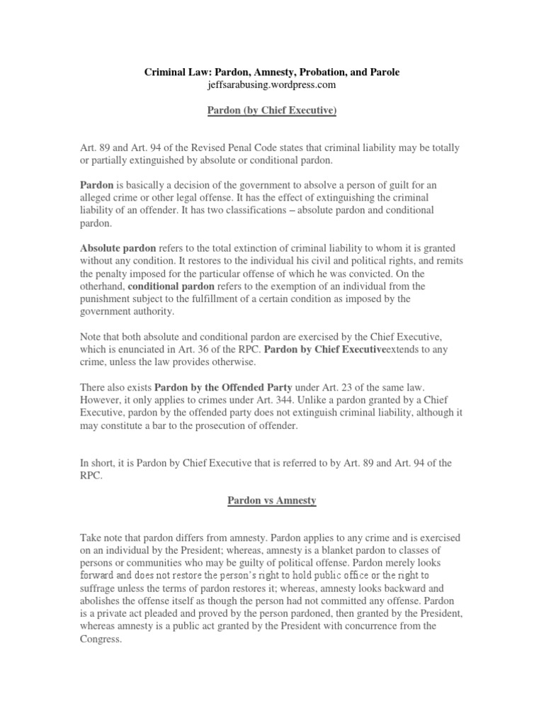 Criminal Law Pardon Amnesty Probation And Parole Pdf Pardon