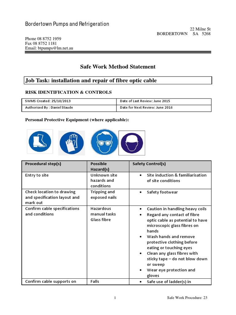 Installation and Repair of Fibre Optic Cable Safe Work Method Statement