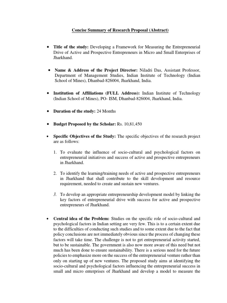 Concise Summary of ICSSR Research Proposal PDF Entrepreneurship