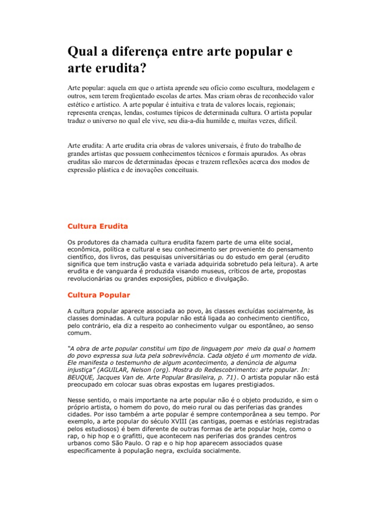 Diferenças entre Arte Popular e Erudita | PDF | Cultura popular ...