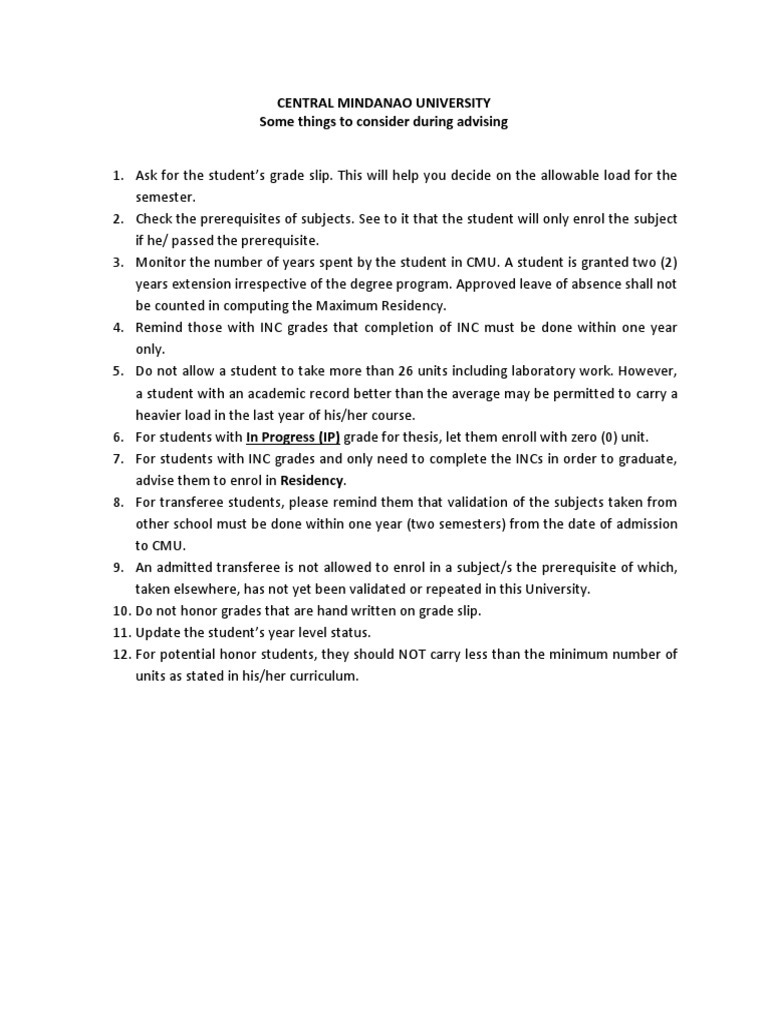 Advising Guidelines for CMU Students | PDF