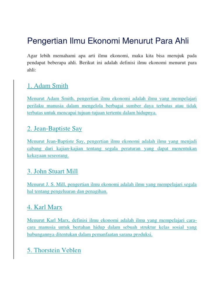 Pengertian Ilmu Ekonomi Menurut Para Ahli Pdf