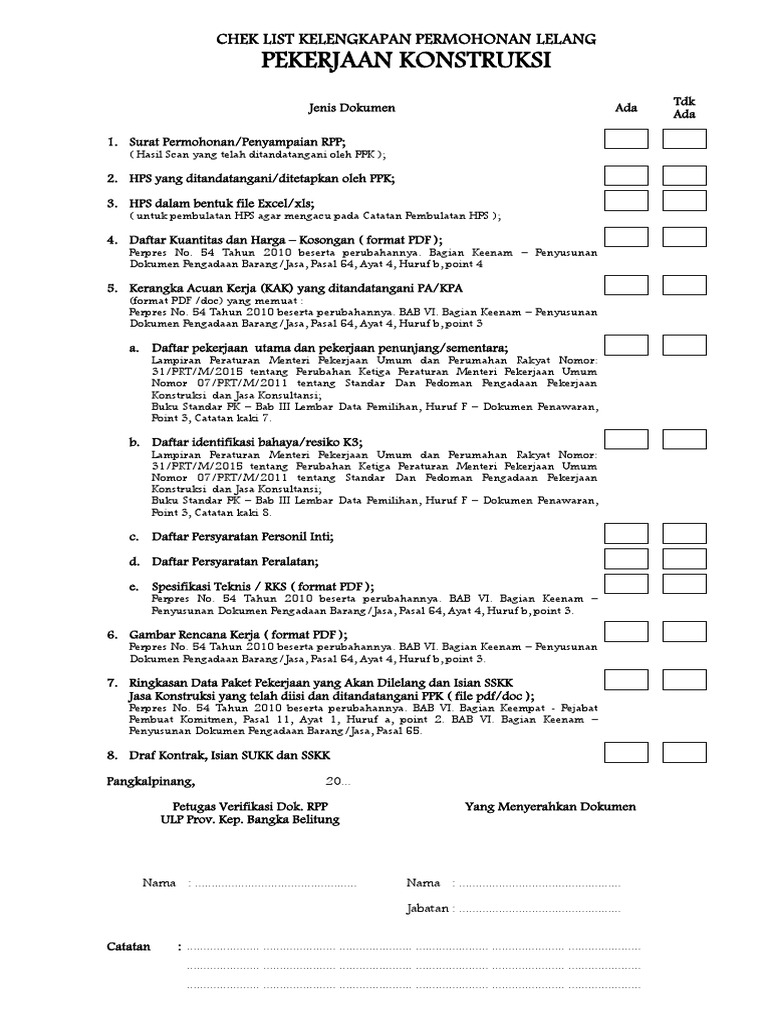 Checklist Permohonan Lelang Konstruksi | PDF