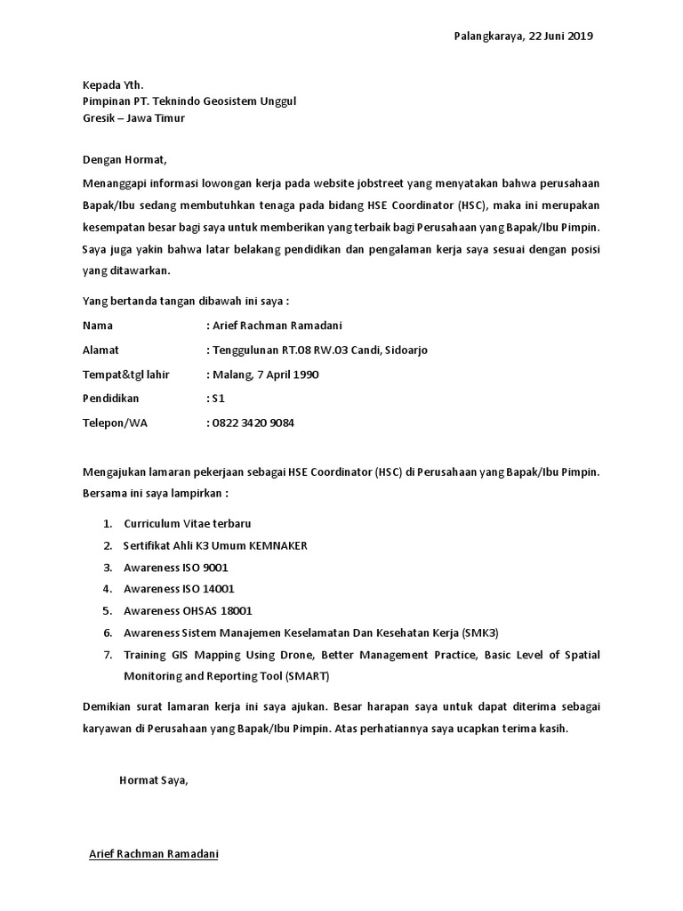 Contoh Lamaran Kerja Hse
