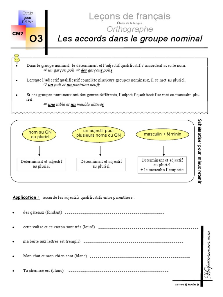 Exercice Groupe Nominal Cm1 En Ligne Lecons D Orthographe Les Accords Dans Le Groupe Nominal | PDF