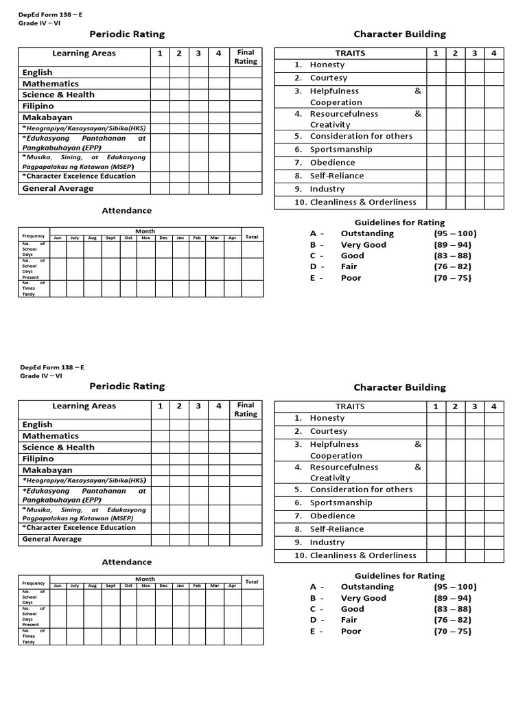 DepEd Form 138 - E: Student Report Card | PDF | Behavior Modification ...