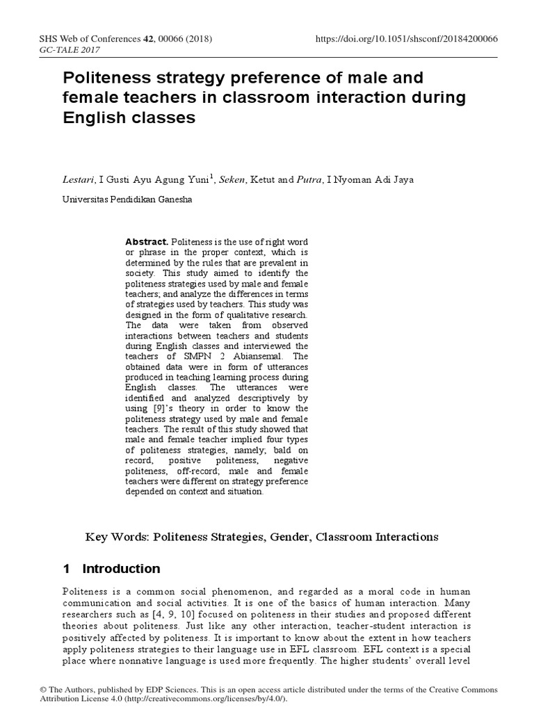 Politeness Strategy Preference of Male and Female Teachers | PDF ...