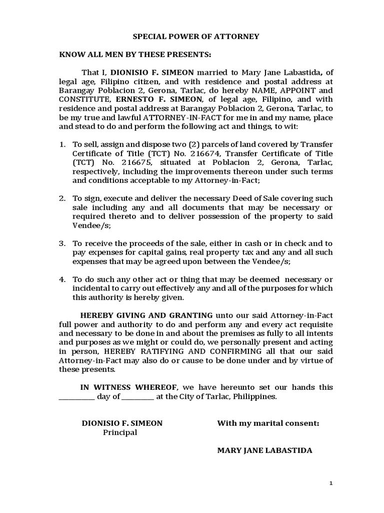 Granting Special Power of Attorney to Sell Real Estate PDF Power Of