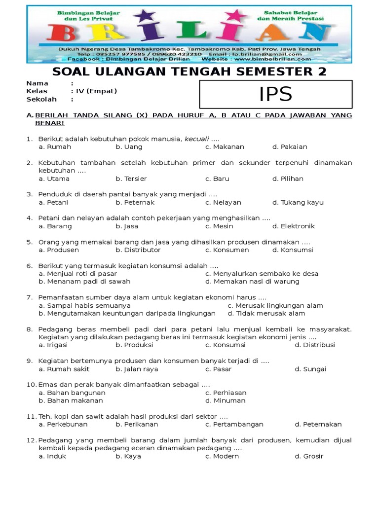 Soal Uts Ips Kelas 4 Sd Semester 2 Genap Dan Kunci Jawaban Www Bimbelbrilian Com