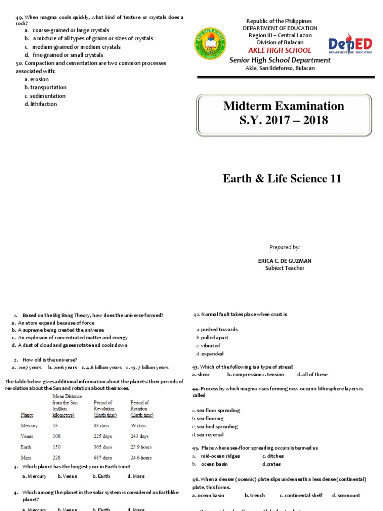 Midterm Examination S.Y. 2017 - 2018: Earth & Life Science 11 | PDF ...