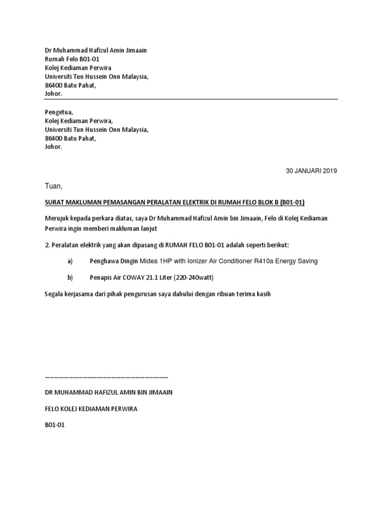 Surat Makluman Pemasangan Peralatan Elektrik Di Rumah Kuarters Pdf