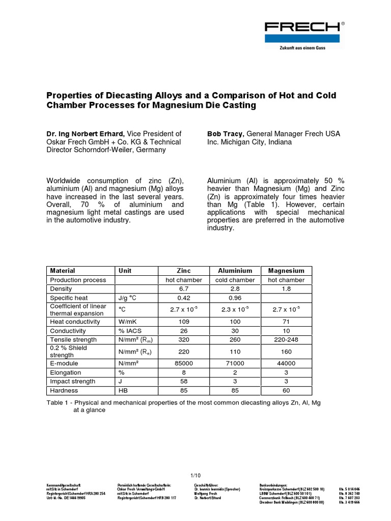Properties Of Diecasting Alloys And A Comparison Of Hot And Cold Chamber Processes For Magnesium Die Casting Casting Metalworking Civil Engineering