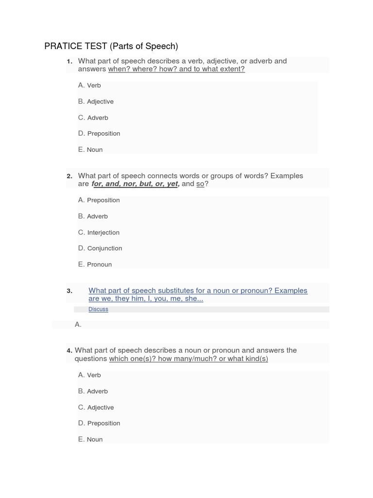 PRATICE TEST Parts of Speech | PDF | Part Of Speech | Adverb