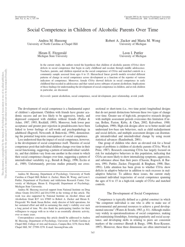 Social Competence in Children of Alcoholic Parents Over Time | PDF ...