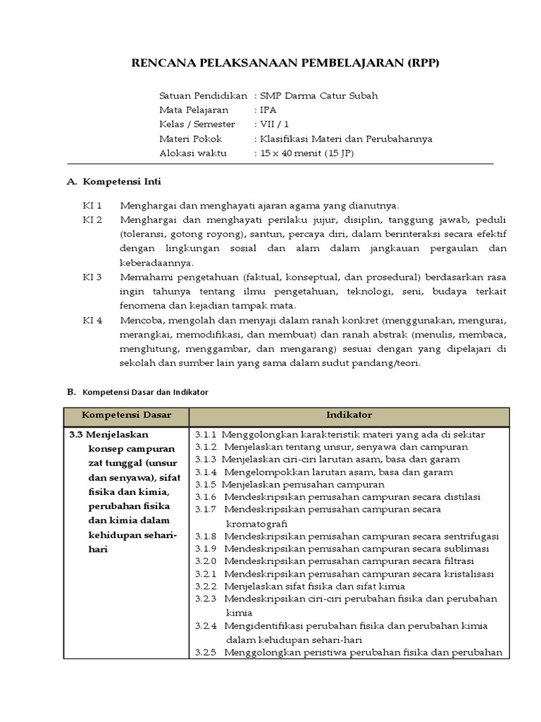 Rpp Bab 3 Klasifikasi Materi Dan Perubahannya Discovery Learning