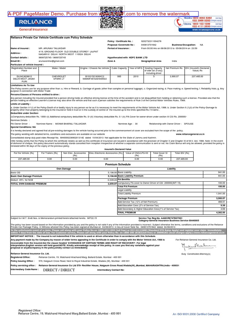Reliance Private Car Insurance Policy | PDF | Liability Insurance ...