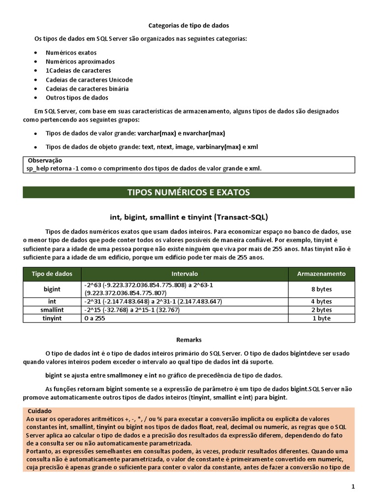Tipos de Dados no SQL Server | PDF | Microsoft SQL Server | Byte
