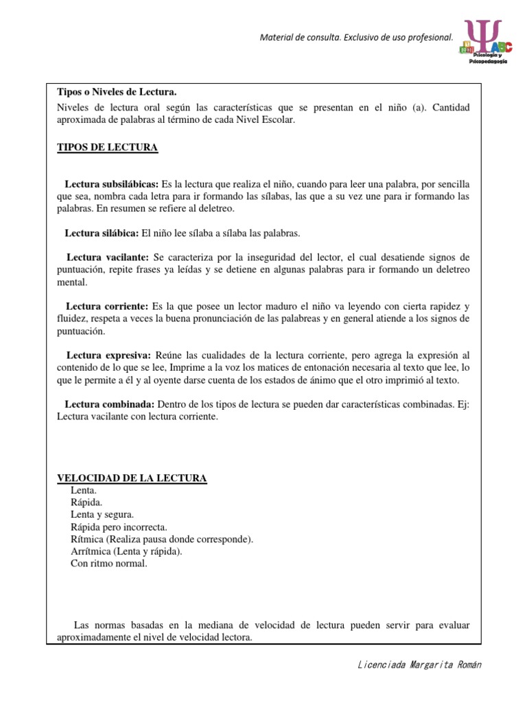 Tipos o Niveles de Lectura | PDF | Ortografía | Sílaba
