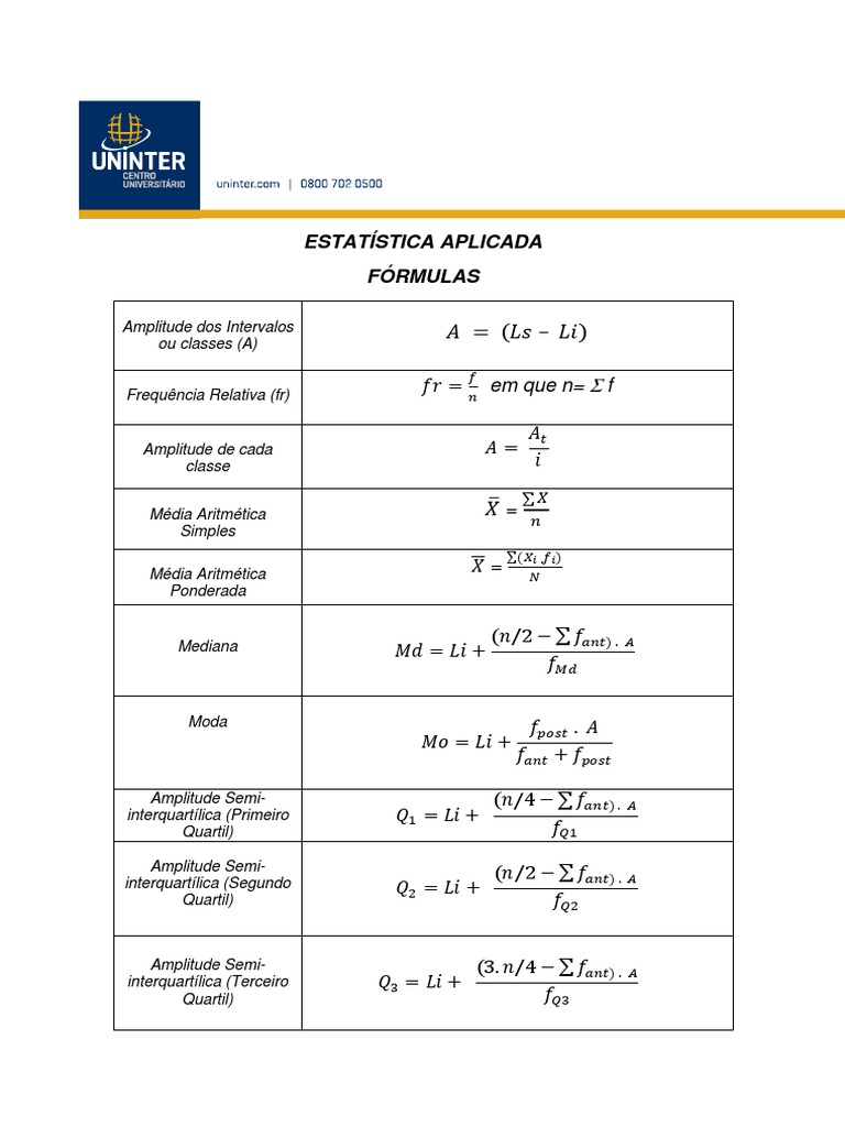 Fórmulas de Estatística e Probabilidade | PDF | Distribuição de ...