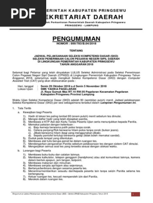 Pengumuman Jadwal Skd Seleksi Cpnsd Pringsewu Tahun 2018