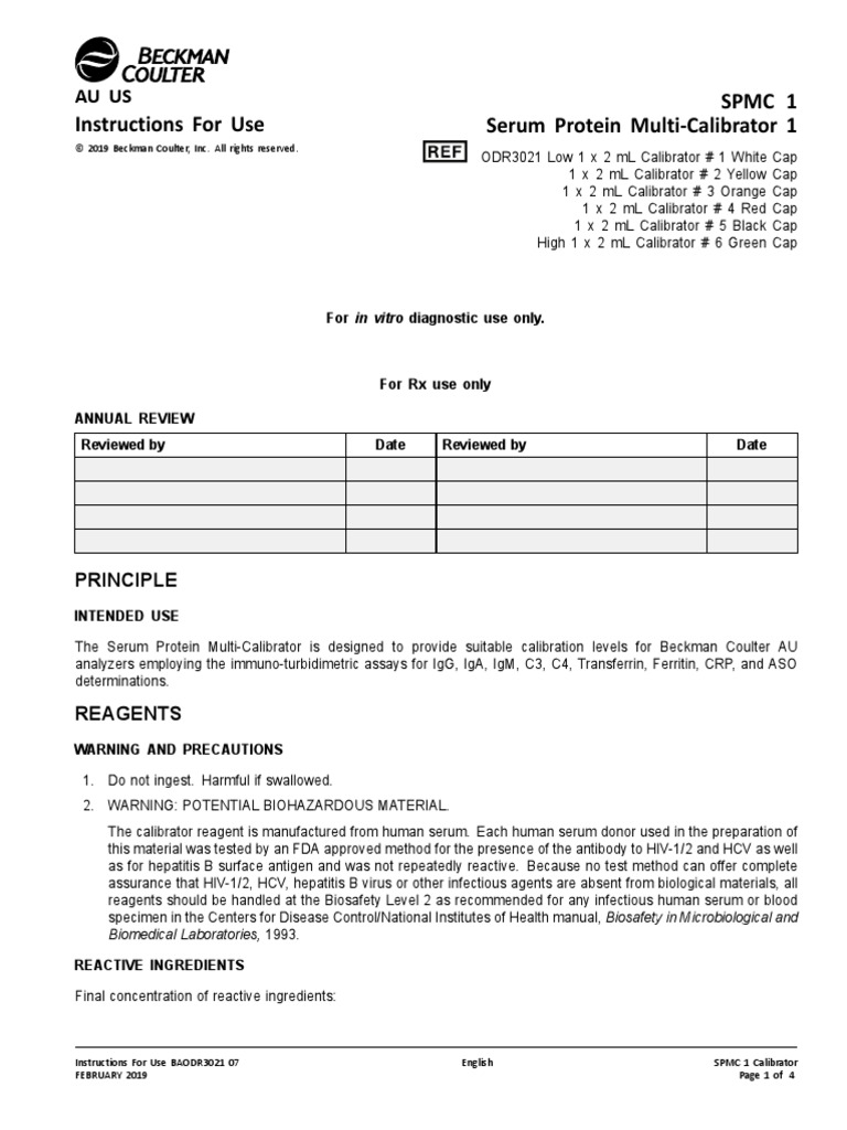 SPMC 1 Instructions For Use Serum Protein Multi-Calibrator 1 | PDF ...