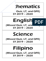 (Missed Quiz, LT, and QFE) SY 2019 - 2020: Mathematics English Science
