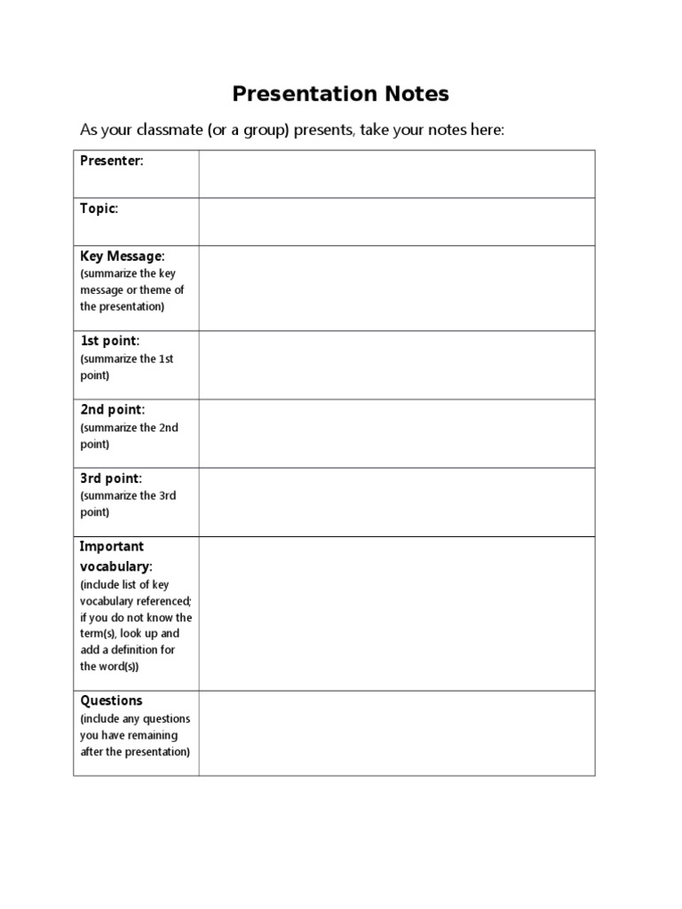 Student Presentation Notes Template | PDF | Career & Growth | Language ...