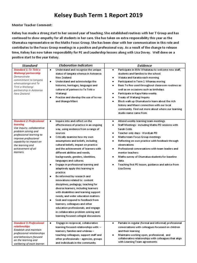 Kelsey Bush Term 1 Teaching Report | PDF | Pedagogy | Learning