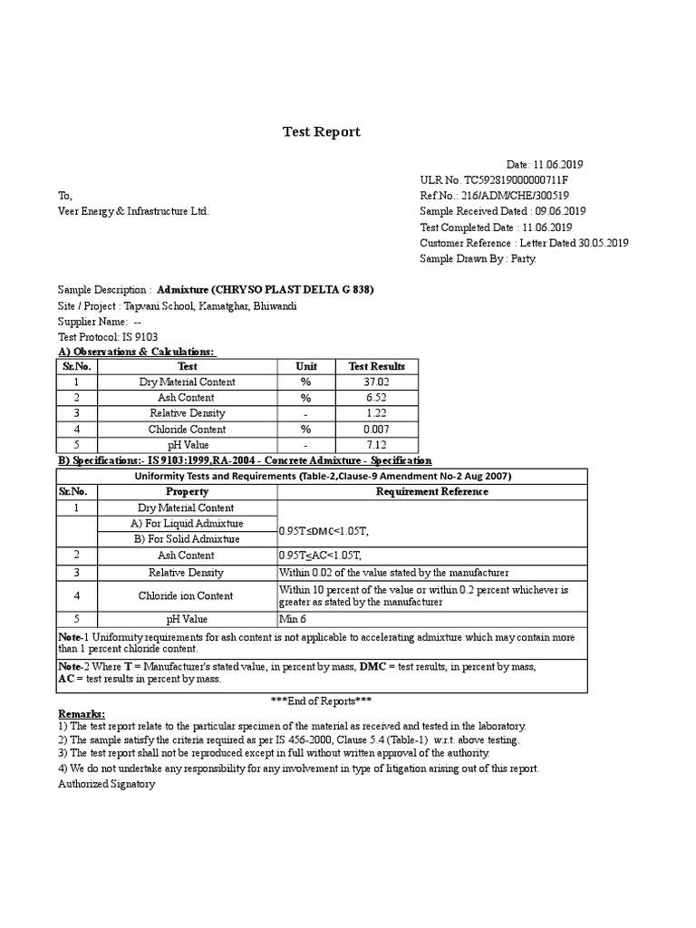 Admixture Test Report for Concrete | PDF | Concrete | Nature