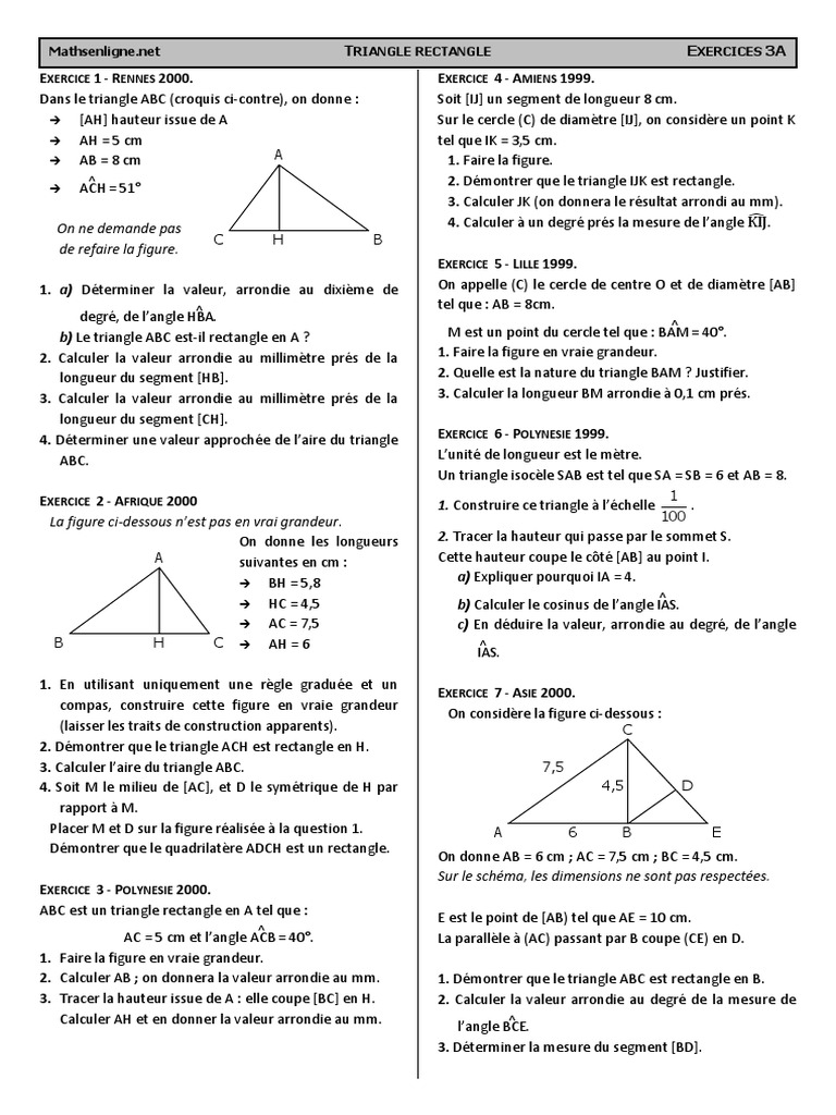 Calcul Angle Triangle Isocèle 5ème Chap 4 - Ex 3A - Problèmes de BREVET - CORRIGE PDF | PDF | Triangle |  Mathématiques élémentaires