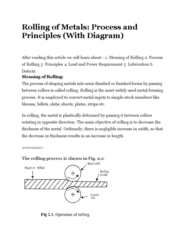 Rolling of Metals Process and Principles (With Diagram) | PDF | Rolling ...