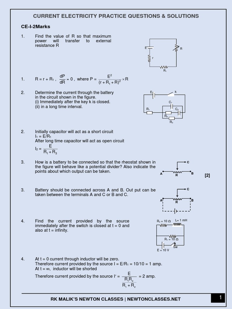 Current Electricity Practice Questions | PDF | Volt | Capacitor