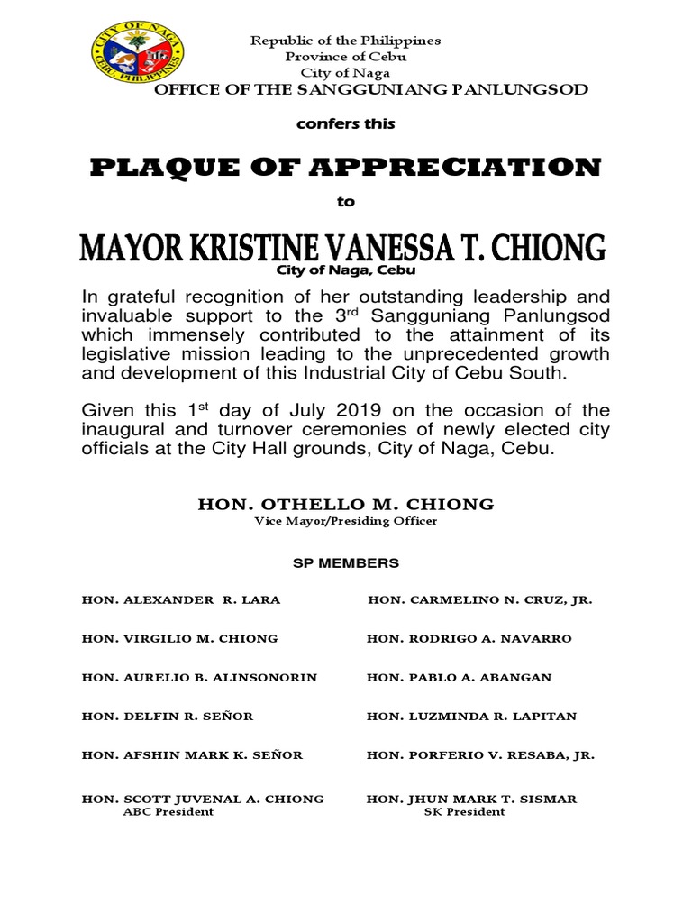 3RD SP Plaque of Appreciation | PDF | Government Related Organizations ...